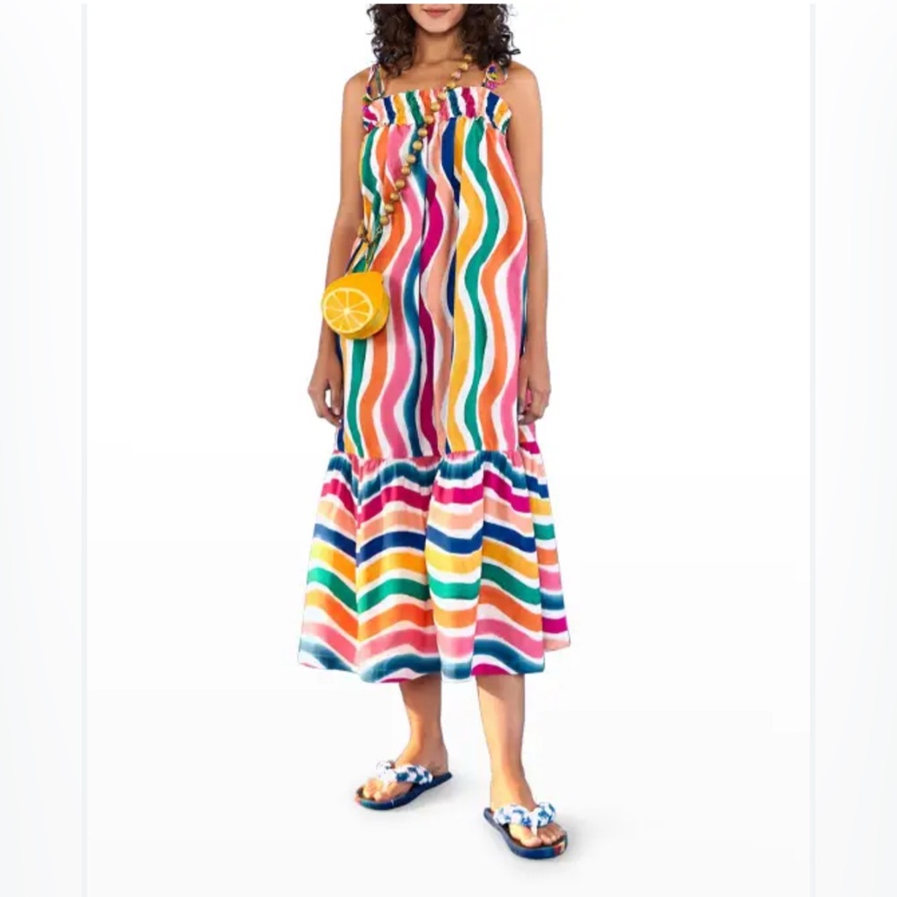 Farm Rio Women’s Dancing Stripes Tassel-Tie Midi Dress Multicolored NWT Size S